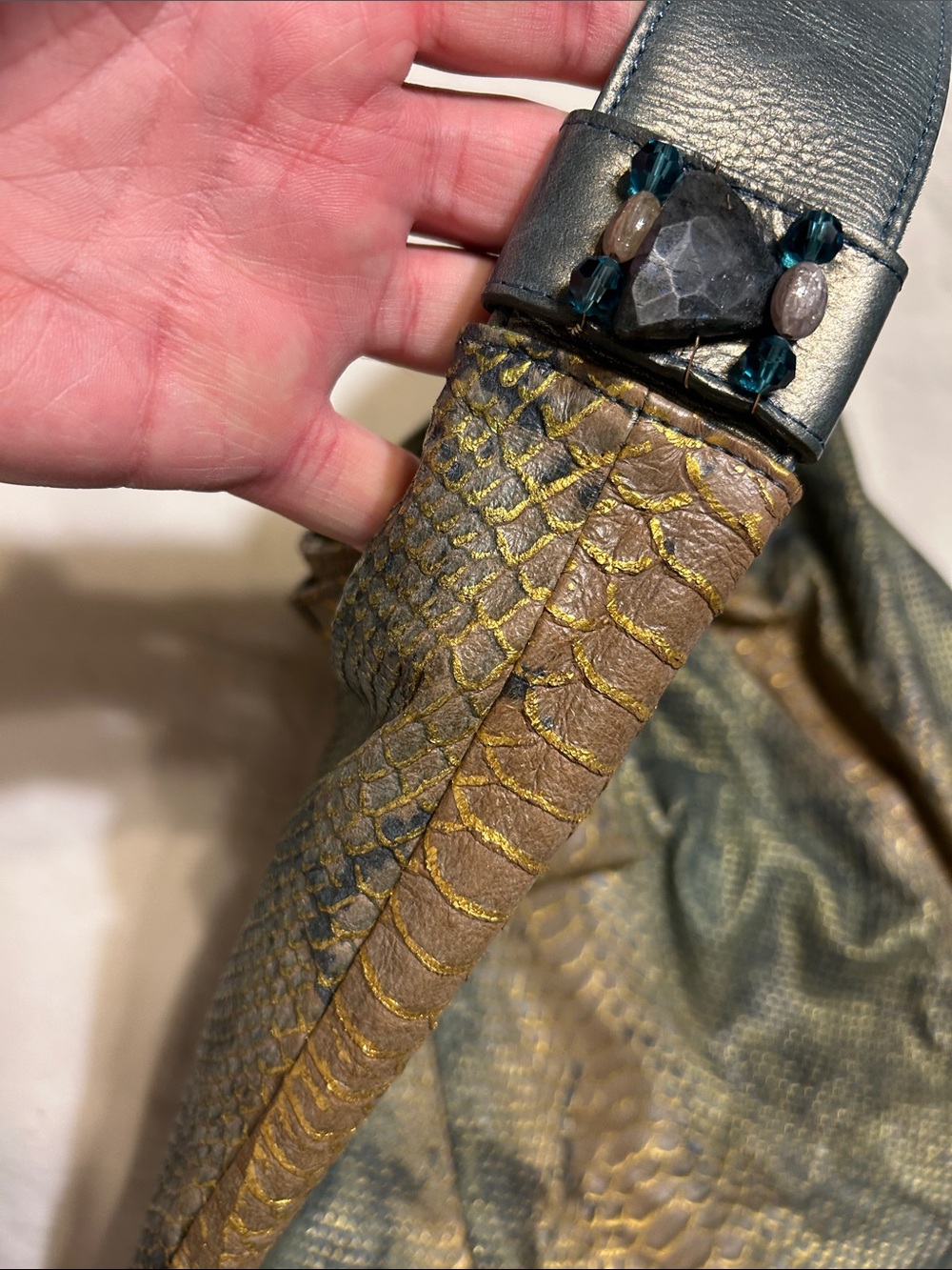 Snake-Embossed Hobo Bag in Olive and Gold - Picture 3 of 11